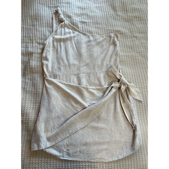 PrettyLittleThing Linen Blend One Shoulder Faux Wrap Ivory Mini Dress Size 12 - Picture 12 of 12